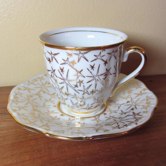 MZ Czechoslovakia vintage gold stars 6 oz teacup espresso & saucer (W5409) - Picture 1 of 11
